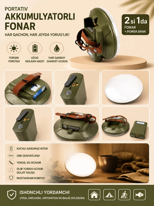 Portativ LED fonar 4400 mAh Power Bank USB akkumulyatorli chiroq - 
