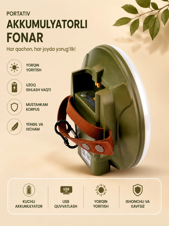 Portativ LED fonar 4400 mAh Power Bank USB akkumulyatorli chiroq