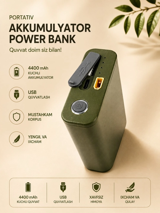 Portativ LED fonar 4400 mAh Power Bank USB akkumulyatorli chiroq