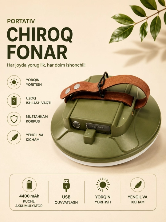 Portativ LED fonar 4400 mAh Power Bank USB akkumulyatorli chiroq