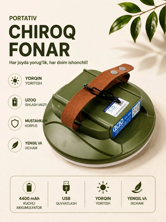 Portativ LED fonar 4400 mAh Power Bank USB akkumulyatorli chiroq