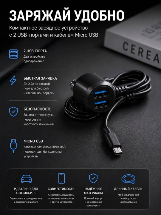 Зарядник от прикуривателя в машину для телефона, USB, micro-USB, с проводом, 24W