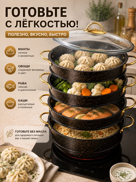 Мантоварка 4-ярусная пароварка с крышкой кастрюля для приготовления на пару