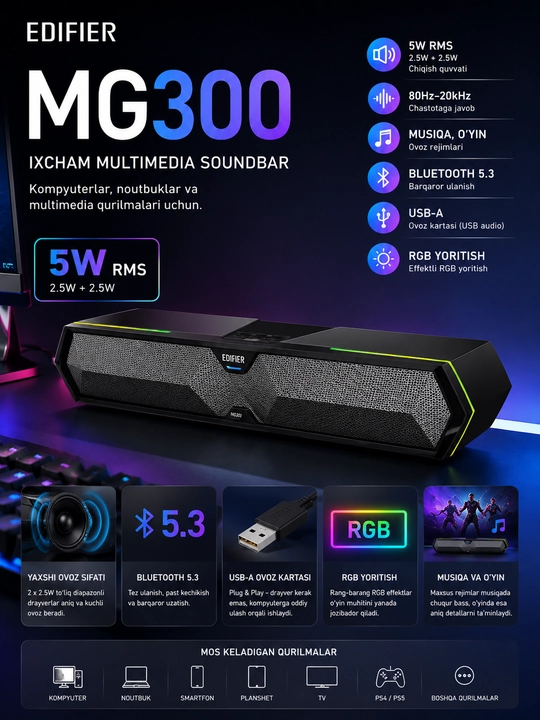 Edifier MG300 – Bluetooth 5.3 RGB kompyuter kalonka saundbari
