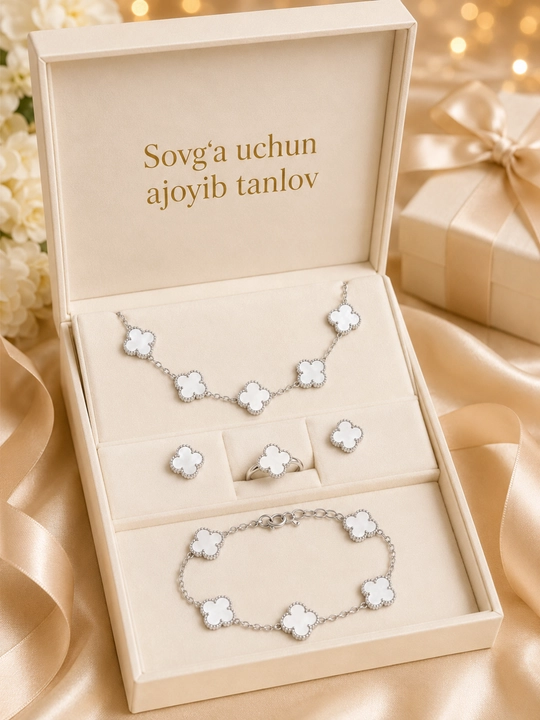 Ayollar, qizlar uchun premium 4 tasi 1 da to‘plam, zanjir, uzuk (16-20), bujiteriya, Van Cleef