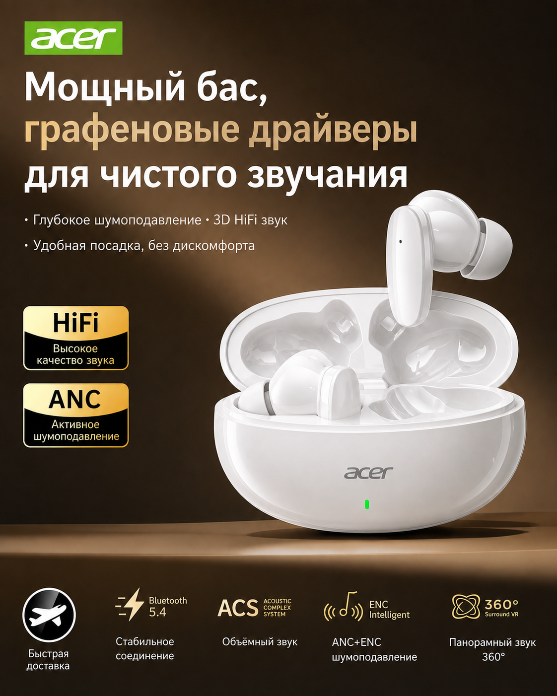 Quloqchinlar Simsiz Acer OHR594, Barcha telefon turlariga,36 soatgacha tinglash imkoniyati