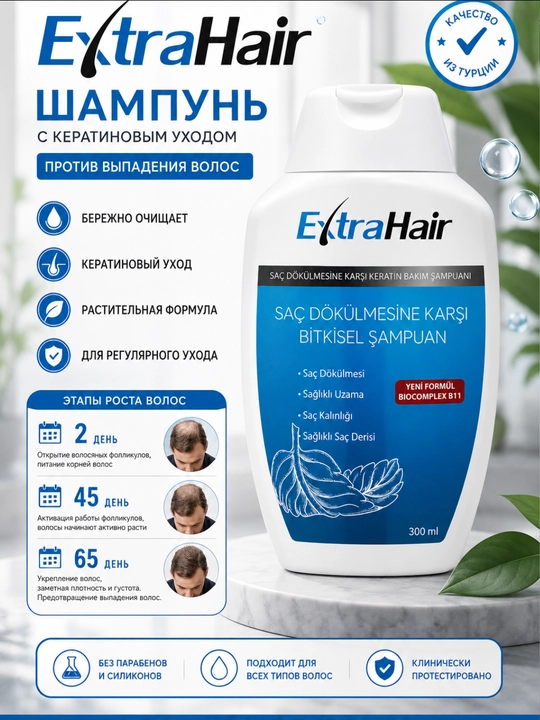 Кератиновый шампунь ExtraHair, для ежедневного ухода за волосами и кожей головы - 