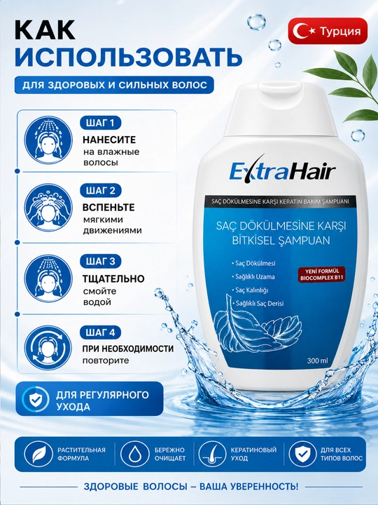 Кератиновый шампунь ExtraHair, для ежедневного ухода за волосами и кожей головы