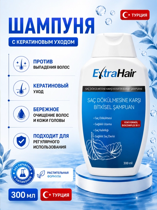 Кератиновый шампунь ExtraHair, для ежедневного ухода за волосами и кожей головы
