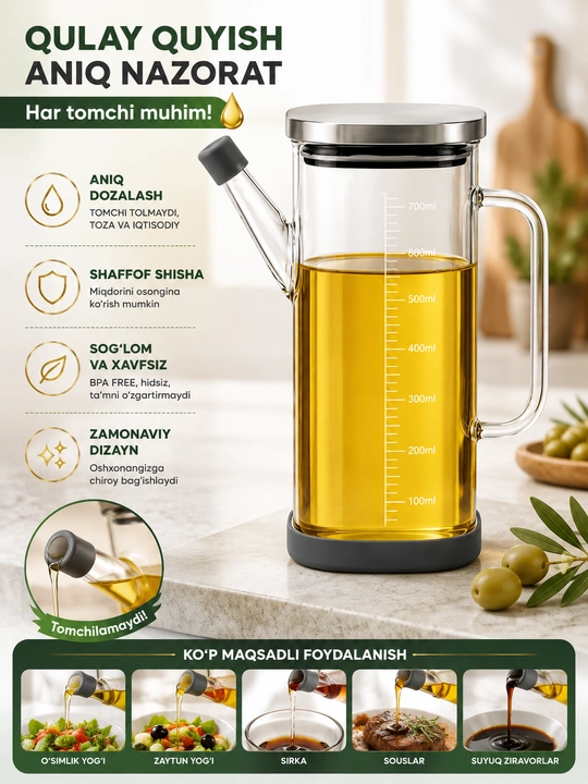 Бутылка для масла стеклянная с дозатором и крышкой, 700 мл