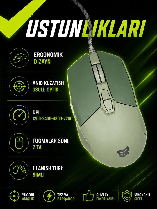 O‘yin uchun simli sichqoncha LIGHTSPEED , 7200 DPI, 7 tugma, USB