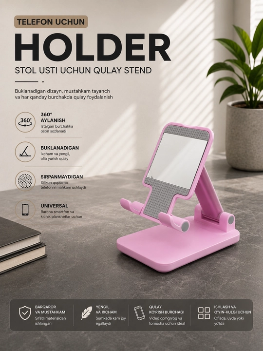 Smartfon uchun 360° aylanadigan holder, buklanadi va sirpanmaydigan silikon qoplama - 