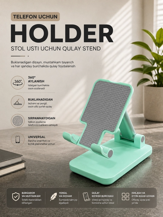 Smartfon uchun 360° aylanadigan holder, buklanadi va sirpanmaydigan silikon qoplama - 
