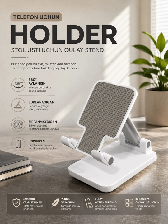 Smartfon uchun 360° aylanadigan holder, buklanadi va sirpanmaydigan silikon qoplama - 