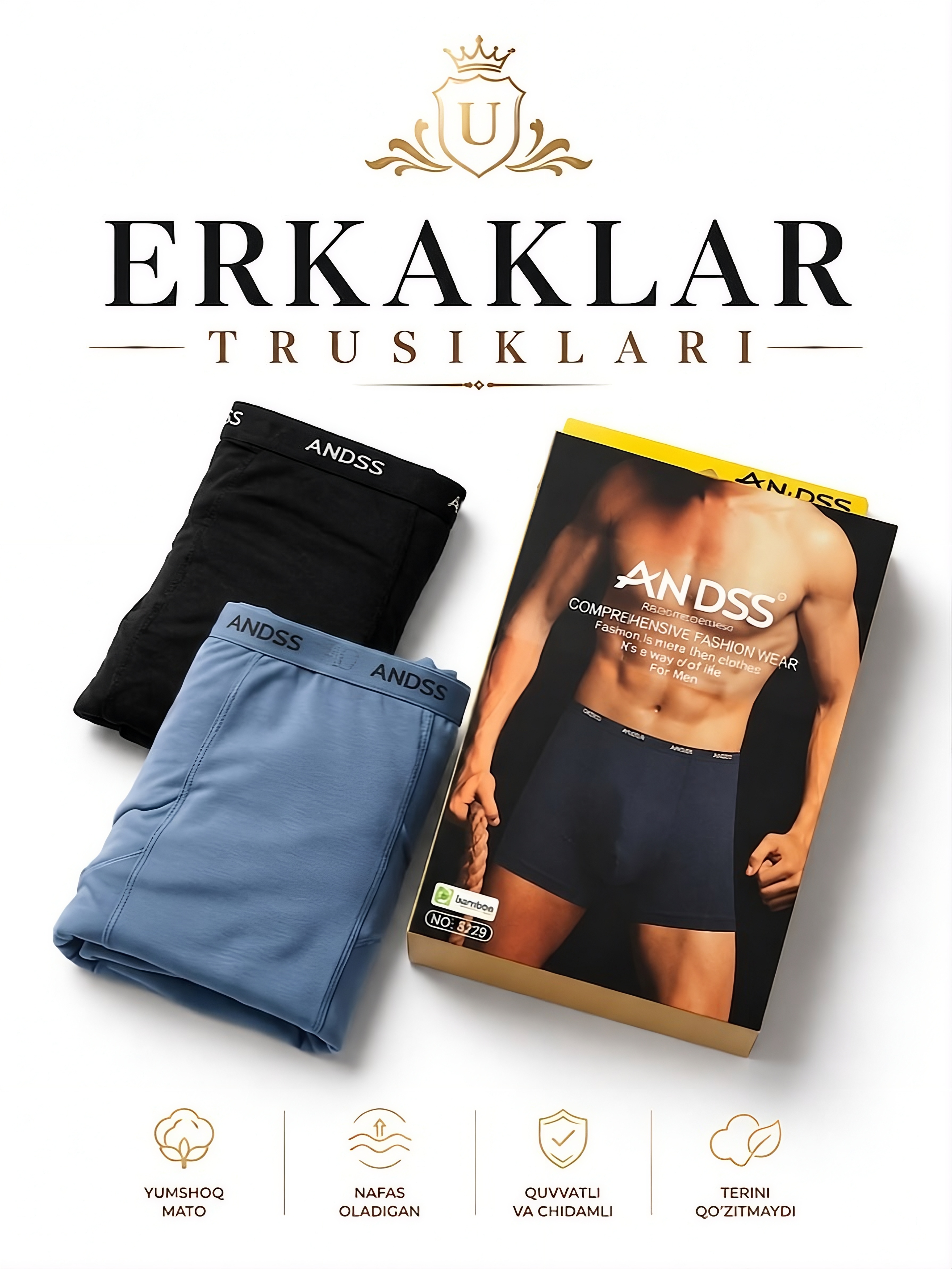 Erkaklar slip-trusi, ichki kiyim, o‘ramda 2 dona - 