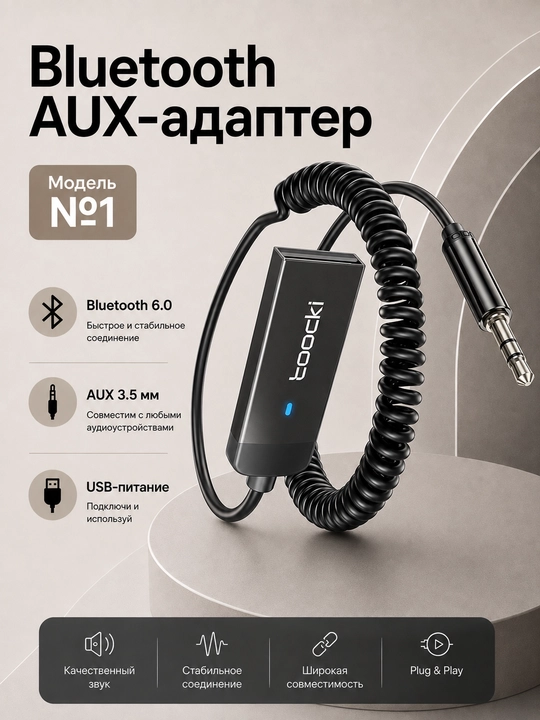 Bluetooth AUX-адаптер Toocki для автомобиля, 3.5 мм, USB - 