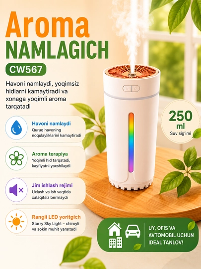 Увлажнитель воздуха ароматический CW567, 250 мл, цветная LED подсветка - 