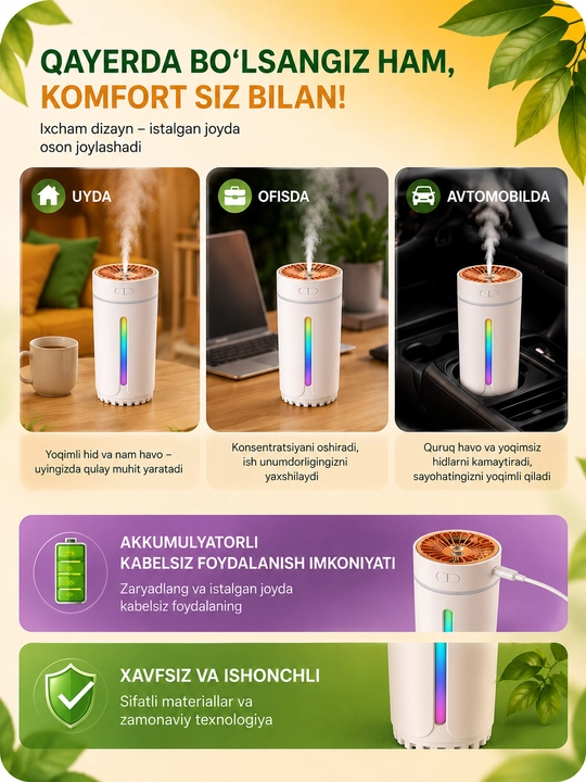 CW567 xushbo‘y havo namlagichi, 250 ml, rangli LED yoritgich