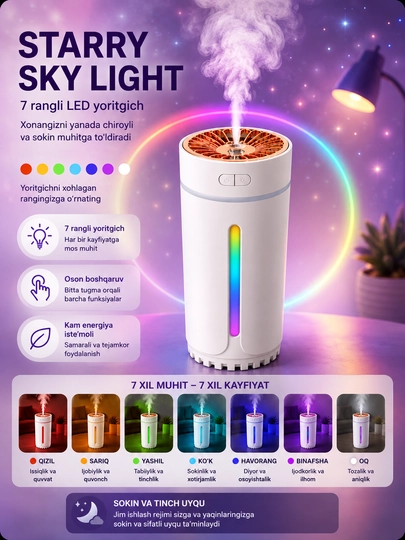 CW567 xushbo‘y havo namlagichi, 250 ml, rangli LED yoritgich