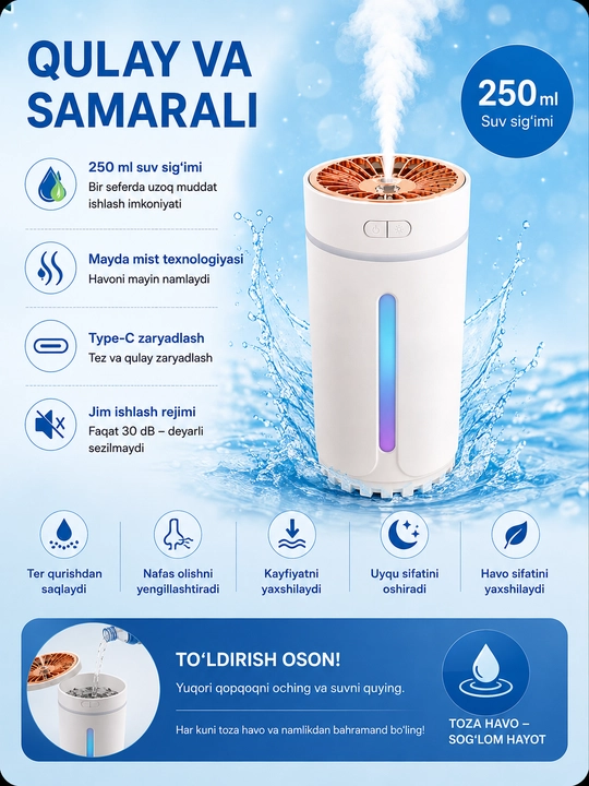 CW567 xushbo‘y havo namlagichi, 250 ml, rangli LED yoritgich