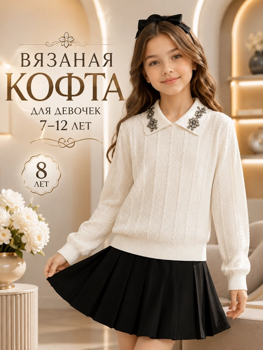 Вязаная кофта для девочек, 7–12 лет, белый джемпер с декоративным воротником - 