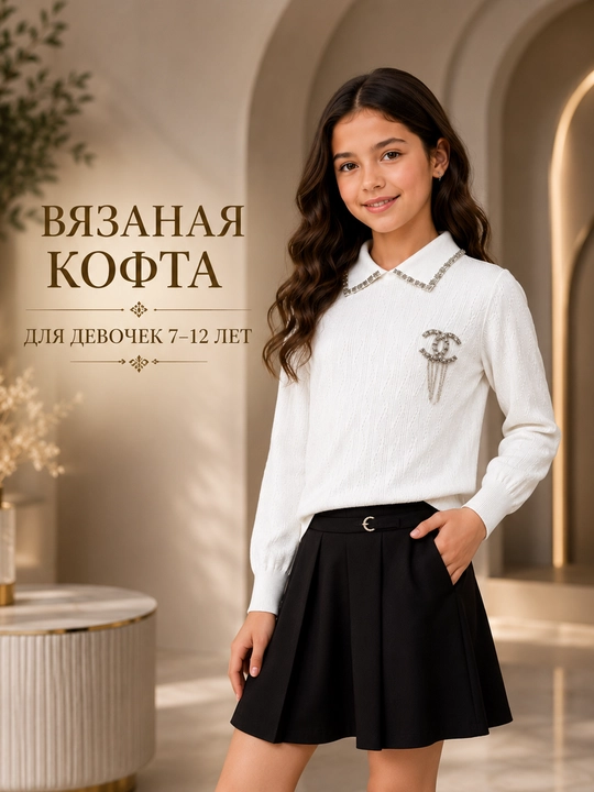 Вязаная кофта для девочек 7–12 лет, белый джемпер с декоративным воротником - 