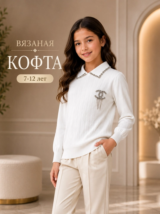 Вязаная кофта для девочек 7–12 лет, белый джемпер с декоративным воротником