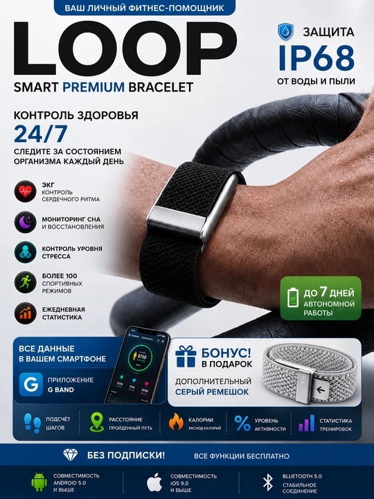 LOOP MF91 aqlli bilaguzuk — EKG, puls, uyqu, stress nazorati, 100+ sport rejimi