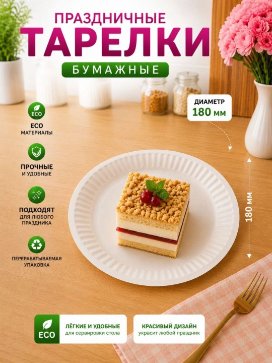 Bayram va maxsus tadbirlar uchun nafis dizaynli bir martalik katta likopchalar, 180 mmli