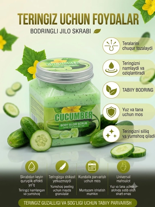 Aloe, avokado va asal ekstraktlari bilan tana va yuz uchun skrab, tozalovchi va xushbo‘y piling