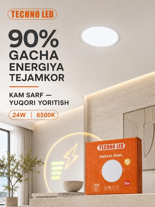 Светильник, LED панель, TECHNO LED накладная 18/24/36Вт, 6500К, круглый лед,квадратный лед