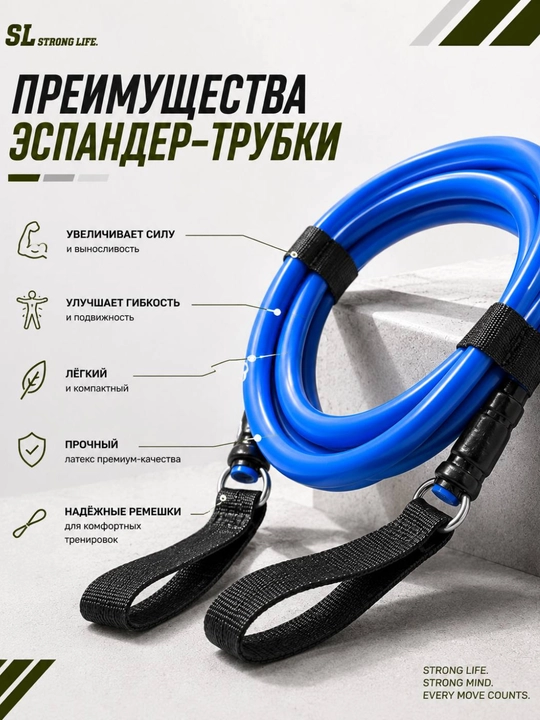 Эспандер-трубка для фитнеса и тренировок с ремешком, 3 м, синий