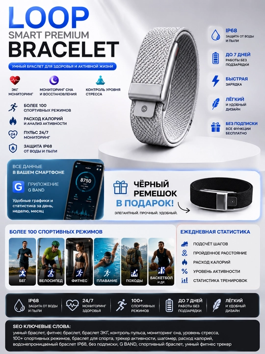 LOOP MF91 aqlli bilaguzuk — EKG, puls, uyqu, stress nazorati, 100+ sport rejimi - 