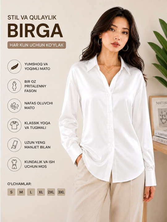 Ayollar atlas ko'ylagi, uzun yengli bluzka, klassik libosli ofis bluzkasi S–3XL - 