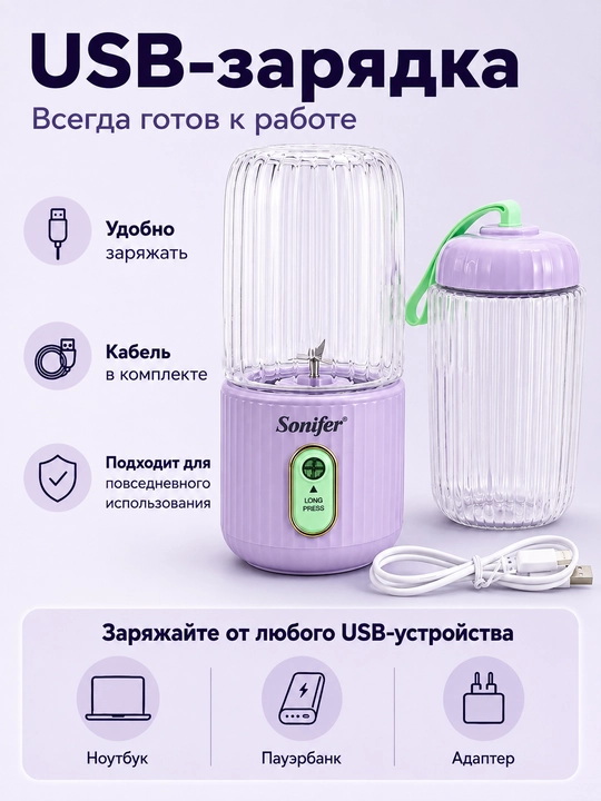 Портативный блендер USB для смузи и коктейлей с доп стаканом 350-500 мл
