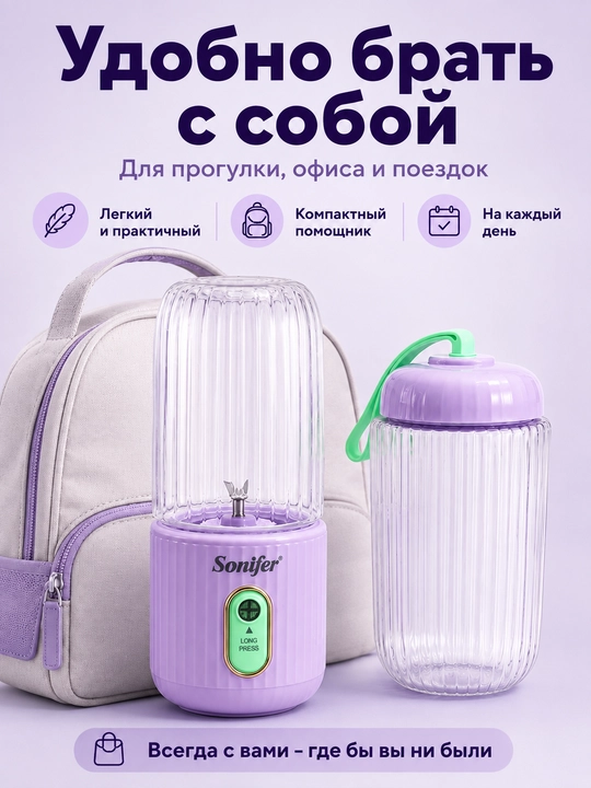 Портативный блендер USB для смузи и коктейлей с доп стаканом 350-500 мл