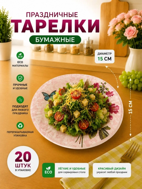 Bayram va maxsus tadbir uchun mo‘ljallangan, nafis dizaynga ega bir martalik likopcha, 20 ta