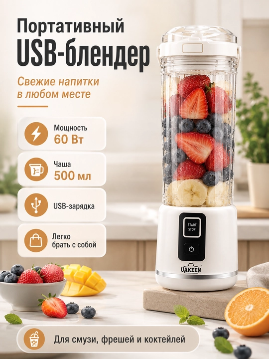 Portativ USB-blender smuzi va kokteyllar uchun qo'shimcha stakanli - 