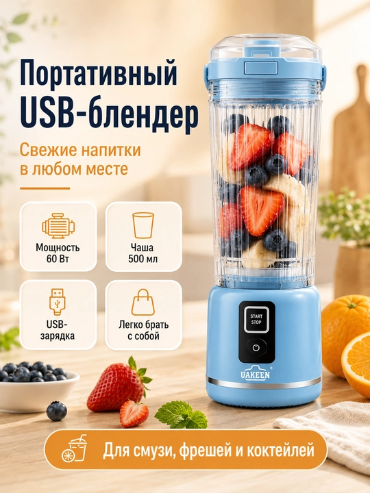 Portativ USB-blender smuzi va kokteyllar uchun qo'shimcha stakanli - 