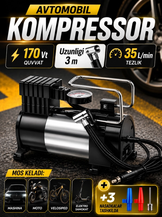Avtomobil kompressor Nasos ornodo, AC580, 15A, 35L/min, 12Vt