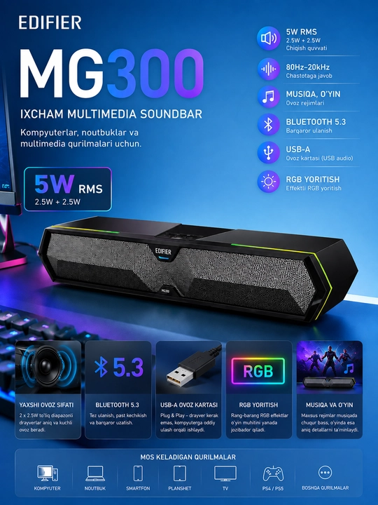 Edifier MG300 – Bluetooth 5.3 RGB kompyuter kalonka saundbari - 