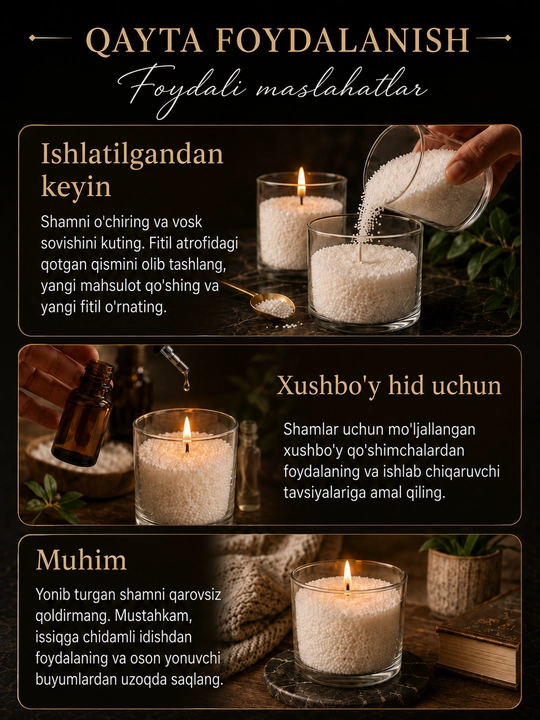 Qumli shamlar, sham tayyorlash uchun donador o‘simlik mumi, granulalari