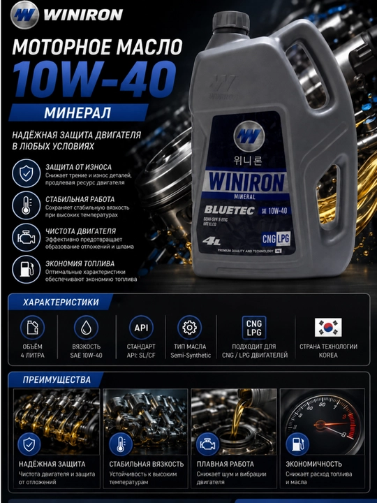 Моторное масло WINIRON Bluetec 10W-40 Semi-Synthetic API SL/CF, 4 л - 