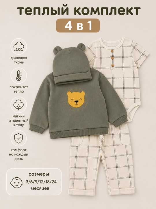 Комплекты для детей, тройки, 4 в 1, из хлопка для осени, кофта штаны боди и шапка - 