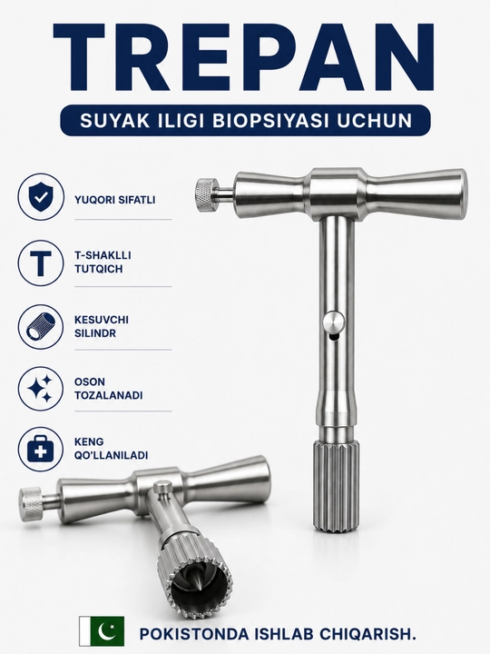 Trepan-biopsiya asbobi (trepan) — suyak iligi biopsiyasi uchun, zanglamaydigan po‘lat - 