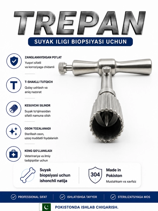 Trepan-biopsiya asbobi (trepan) — suyak iligi biopsiyasi uchun, zanglamaydigan po‘lat
