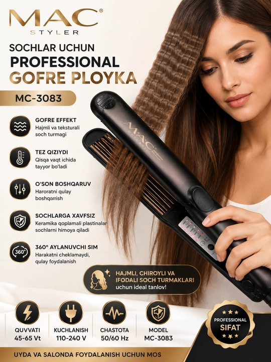 MAC Styler MC-3083 — sochlar uchun professional gafre ployka. Gafre