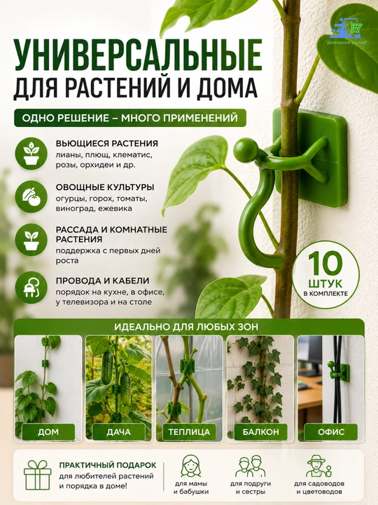 Клипсы держатели для растений самоклеящиеся, опоры на стену, 10 шт - 