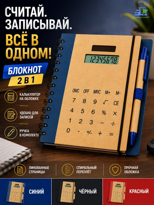 Блокнот с калькулятором и ручкой 2 в 1, на спирали, 20,5×16 см