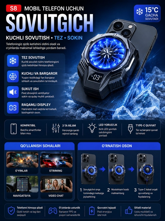 PUBG va Mobile Legends uchun MEMO telefon o‘yin sovutgichi, sovutish ventilyatori -9°C - 